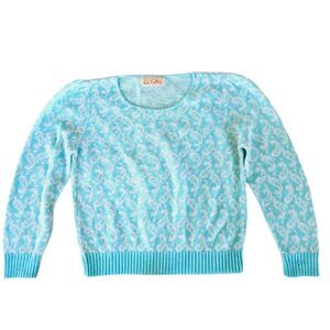 Vintage Kate Collins Blue Knit Puff Shoulder Paisley Pattern Crew Neck Sweater S